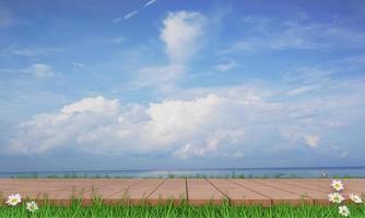 holzbalkon oder holzsteg auf frischem frühlingsgrünem gras mit gänseblümchen. blauer himmel weiße wolke und meerblick hintergrund. Verwenden Sie für Hintergrund und Tapete. 3D-Rendering. foto