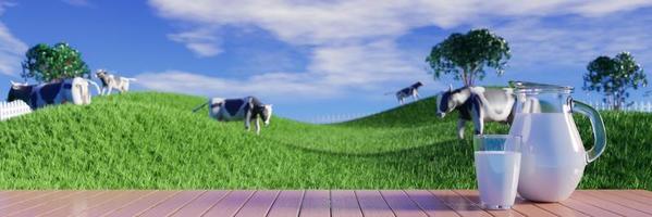 Frische Milch in Klarglas und Milchkännchen auf dem spiegelnden Dielenboden. hellgrüne Wiesenkühe laufen frei herum und fressen gerne Gras. klarer blauer Himmel mit weißen Wolken. 3D-Rendering foto