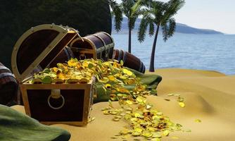 Goldmünzen werden aus Kisten oder Schatztruhen verstreut. hölzerne Schatzkiste am Strand einer einsamen Insel zum Thema Piratenschatz. 3D-Rendering foto
