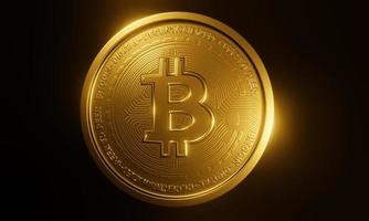 Bitcoin-Münzen. Goldmünze hat ein Kryptowährungs- oder Börsensymbol. Kryptowährungen für den Handel in Wirtschaft und Technologie. Goldenes Licht wird von der Münze auf schwarzem Hintergrund reflektiert. 3D-Rendering foto