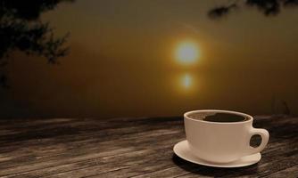 schwarzer kaffee in weißer tasse auf holz- und plankentisch. unscharfer hintergrund sonnenaufgang und nebel am wang kwang reservoir, phu kradueng nationalpark, thailand. kopierraum arbeitstisch und reisekonzept foto