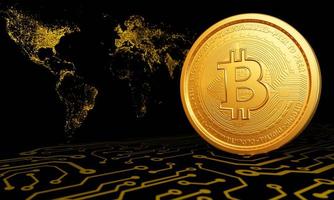 goldmünze digitales währungssymbol bitcoin kryptowährung digitales währungsumtauschgeschäft. Online-Internet. bitcoin auf der oberfläche des elektronischen schaltungsmusters. schwarzer Hintergrund. 3D-Rendering foto