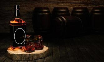 Luxus-Schnapsflasche oder Whiskyflasche, und trinken Sie eine volle Flasche ein klares Whiskyglas mit Alkohol im Glas. 3D-Rendering. foto