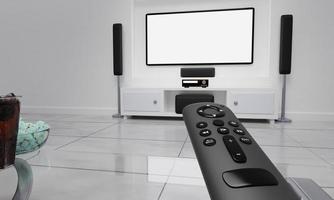 Smart-Remote-Nutzung für Smart-TV im Wohnzimmer. Fernbedienung zur Verwendung mit führenden Film-Streaming-Diensten für Filme oder Serien. 3D-Rendering foto