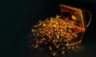 viele verteilen Goldmünzen flogen aus der Schatztruhe. eine Schatzkiste aus Gold, luxuriös, teuer. Eine alte Schatzkiste, die mit ausgeworfenen Goldmünzen geöffnet wurde. 3D-Rendering. foto