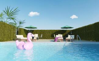 Flamingo schweben auf einer Terrasse mit Swimmingpool foto