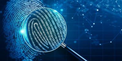 Lupe und biometrische Authentifizierungstechnologie mit Binärcode. foto