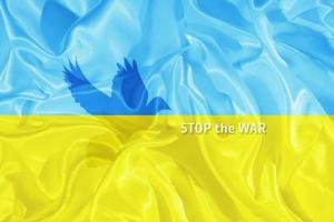 stoppen sie den kriegstext auf der blau-gelben ukrainischen flagge mit der silhouette der friedenstaube foto