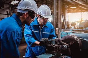 industrietechnik tragen sicherheit einheitliche kontrolle drehmaschine schleifmaschine arbeiten in industriefabrik. foto