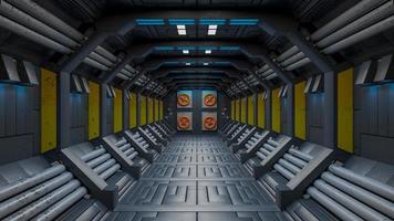 Spaceship Corridor ist ein Stock-Motion-Graphics-Video, das das Innere eines sich bewegenden Raumschiffs zeigt. 3D-Rendering foto