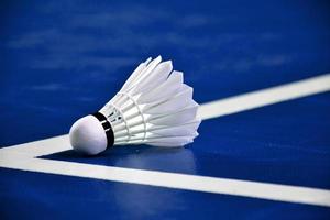 Cremeweißer Badmintonfederball und Schläger mit Neonlichtschattierung auf grünem Boden im Indoor-Badmintonplatz, verschwommener Badmintonhintergrund, Kopierraum. foto