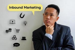 Geschäftsmann denken Inbound-Marketing-Symbol virtueller Bildschirm Investitionsanalyse für zukünftige Technologiekonzepte. foto