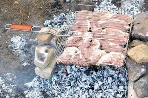 Fleisch auf dem Grill, der auf den Steinen liegt foto