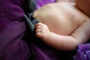 Porträt eines süßen kleinen Mädchens. Baby liegt in den Farben der lila Hortensie foto