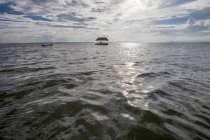 bei Sonnenuntergang im Wasser schwimmen. foto