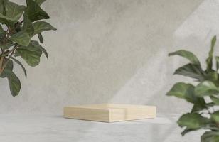 Mockup-Holzpodium für Produktpräsentationspodium mit Betonhintergrund., 3D-Modell und Illustration. foto
