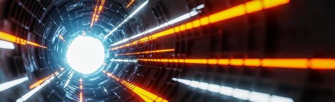 Bewegliche Lichtstrahlen im Sci-Fi-Tunnel, digitaler Hintergrund, 3D-Modell und Illustration. foto