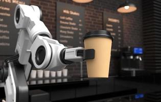Roboterarm serviert heißen Kaffee in einem Café. foto
