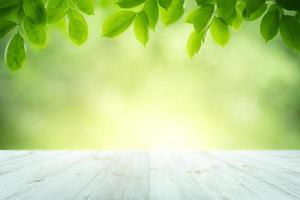 frisches Grün lässt die Natur mit Bokeh auf leerem Holztischhintergrund foto