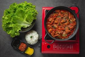 im Hot Pot gebratenes Hühnerfleisch mit scharfer Sauce nach koreanischer Art foto