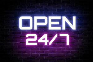 24 stunden 7 tage geöffnet neonbanner, lichtschild. foto