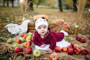 kleines Mädchen wählt einen Apfel für die erste Fütterung foto