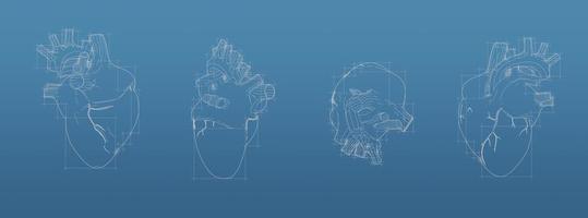Herz 3D-Blueprint-Mesh-Modell auf blauem Hintergrund. Vorderansicht orthografisches und perspektivisches Freistil-Rendering, 3D-Rendering foto