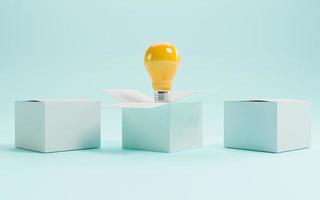 Gelbe Glühbirne innerhalb der offenen weißen Box zwischen zwei engen Boxen auf blauem Hintergrund für kreatives Denken Ideenkonzept durch 3D-Rendering. foto