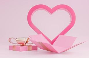 Happy Valentine's Day Banner mit offener Geschenkbox, 3D-Herzen und romantischen Valentinstagsdekorationen auf rosa Hintergrund.,3D-Modell und Illustration. foto