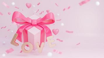 Happy Valentine Day Banner mit Geschenkbox und Herzen 3D-Objekte auf rosa Hintergrund.,3D-Modell und Illustration. foto