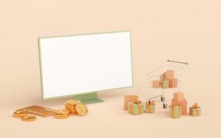 3D-Darstellung des Online-Shopping-Konzepts, Laptop mit leerem Bildschirm, Geschenkbox und Einkaufstasche foto