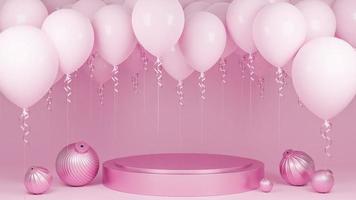 rosa luftballons, die mit podium und ornament auf rosa pastellhintergrund schweben., geburtstagsfeier und neujahrskonzept., 3d-modell und illustration. foto