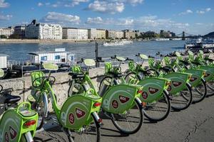 Budapest, Ungarn, 2014. Grüne Fahrräder können in Budapest gemietet werden foto