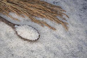 Nahaufnahme und selektiver Fokus auf weißem Reis in Holzlöffel mit Reisohr auf Reishintergrund foto
