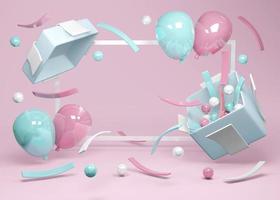 3D-Rendering-Konzept der Geschlechtsoffenbarung, Babyparty, Geburtstagsfeier. realistische blaue und rosa pastellballons und konfetti, die aus der geschenkbox auf rosa hintergrund schweben. 3D-Rendering. 3D-Darstellung. foto