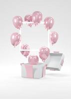 3D-Rendering-Konzept der Geschlechtsoffenbarung, Babyparty, Geburtstagsfeier. realistische rosa pastellballons, die aus der geschenkbox auf weißem hintergrund schweben. Einladungskarte. 3D-Rendering. 3D-Darstellung. foto
