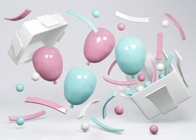 3D-Rendering-Konzept der Geschlechtsoffenbarung, Babyparty, Geburtstagsfeier. realistische blaue und rosafarbene pastellballons und konfetti, die aus der geschenkbox auf weißem hintergrund schweben. 3D-Rendering. 3D-Darstellung. foto