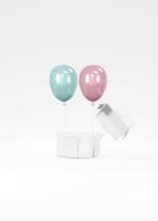3D-Rendering-Konzept der Geschlechtsoffenbarung, Hochzeit, Geburtstagsbanner. realistische pastellblaue rosa luftballons, die aus der geschenkbox auf dem hintergrund schweben. 3D-Rendering. 3D-Darstellung. minimale idee. Einladungskarte. foto