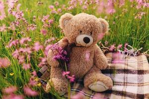 Teddybär und ein lila Blumenstrauß. Spielzeugtasche mit einem Blumenstrauß. Frühlingsblumen foto