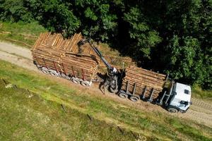 Lader lädt Baumstämme in die LKW-Draufsicht. foto