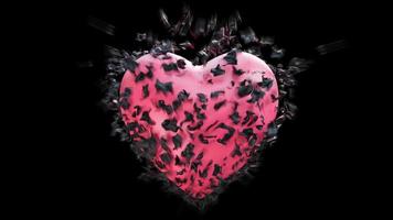 Schwarze Herzzerfallsschale in rosafarbenem Herzen auf schwarzem Hintergrund. , 3D-Modell und Illustration.