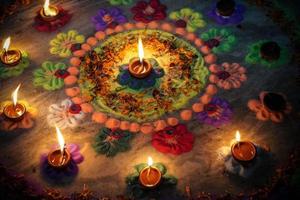 Diwali-Rangoli-Bilder mit Diya foto