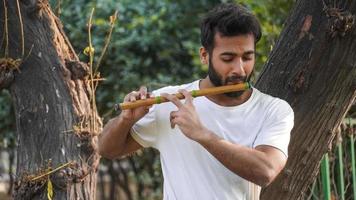 bansuri-spieler, der musik im sonnenschein im park spielt - indischer flötenspieler foto