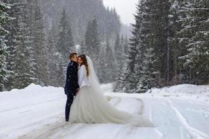 der bräutigam führt seine braut an der hand zu einer einsamen alten buche. Winterhochzeit. Platz für ein Logo. foto