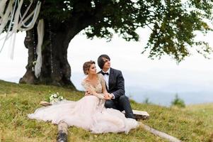 das brautpaar sitzt auf einem baumstamm unter einer alten eiche. Hochzeitsfotoshooting in den Bergen. foto