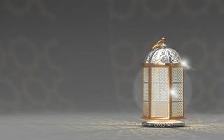 ramadan kareem 3d lokalisiert mit glänzendem moslemischem laternenlicht islamisch auf grauem hintergrund foto