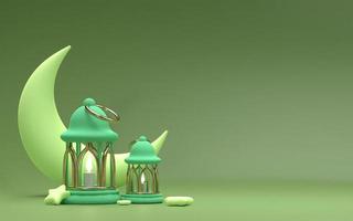 ramadan kareem 3d isoliert mit grüner islamischer laterne und halbmondminimalismusdesign