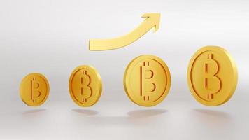 3D-Rendering-Konzept von kleinen bis großen goldenen Münzen mit b auf den Münzen, die sich auf Kryptowährung Bitcoin und einen nach oben zeigenden Pfeil beziehen. 3D-Rendering. foto