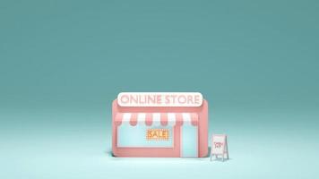 d-Rendering-Konzept des Online-Shoppings. Vorderansicht des Online-Shops mit Verkaufsschild mit Platz für Text im Hintergrund. 3D-Rendering. 3D-Darstellung. foto