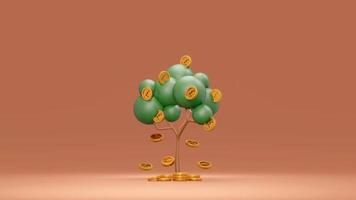 3D-Rendering-Konzept des finanziellen Wachstums. Geldbaum mit Münzen, die auf den Hintergrund fallen. 3D-Rendering. 3D-Darstellung. Pfund Sterling. foto